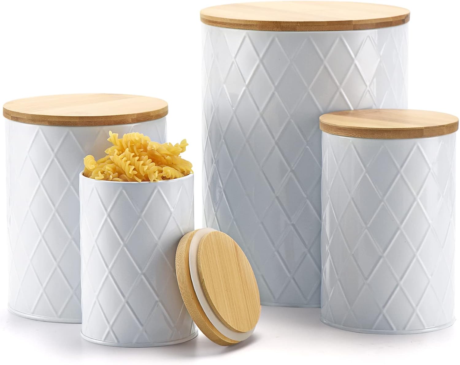 White Kitchen Canisters Set with Bamboo Lids, Airtight Sugar, Flour, Coffee, Cookie Storage