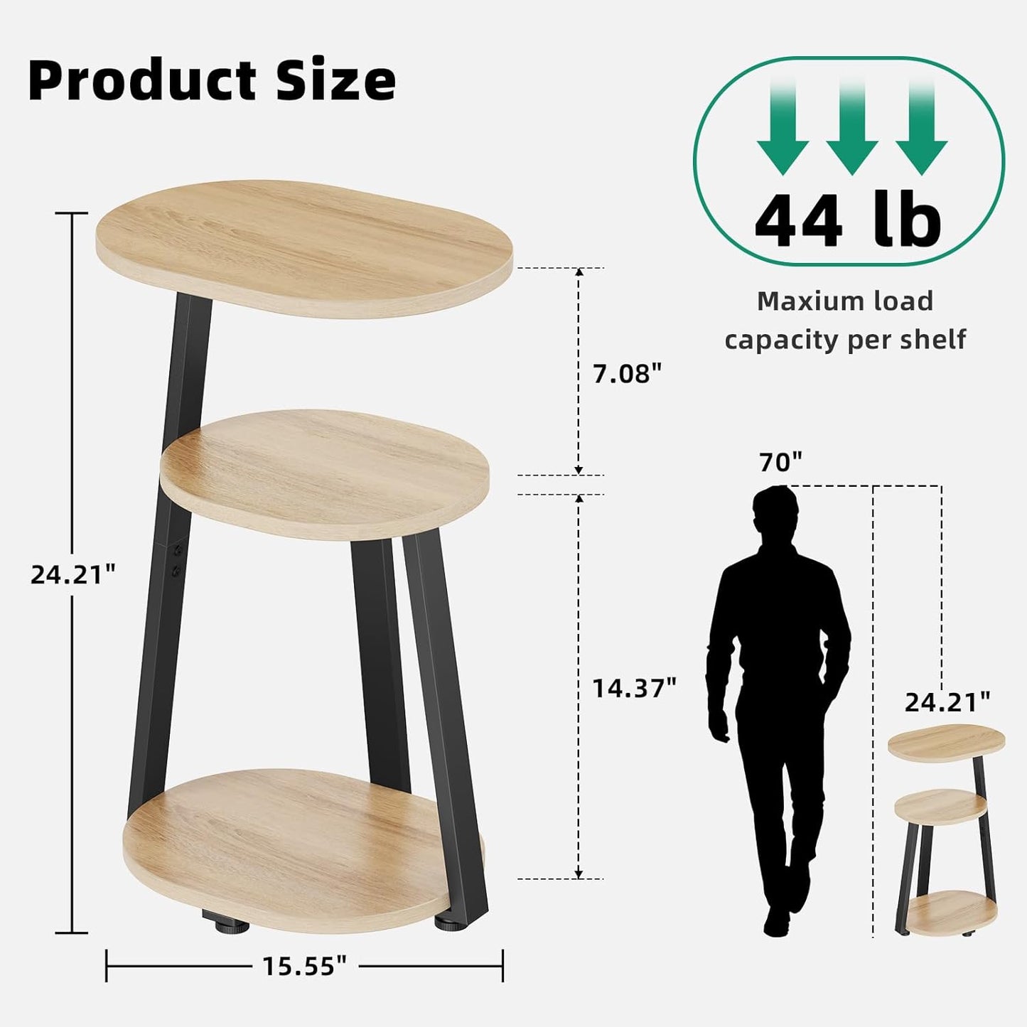 Side Table, Small End Table with Metal Frame, 3-Tier Bedside Tables, Round Side Tables for Living