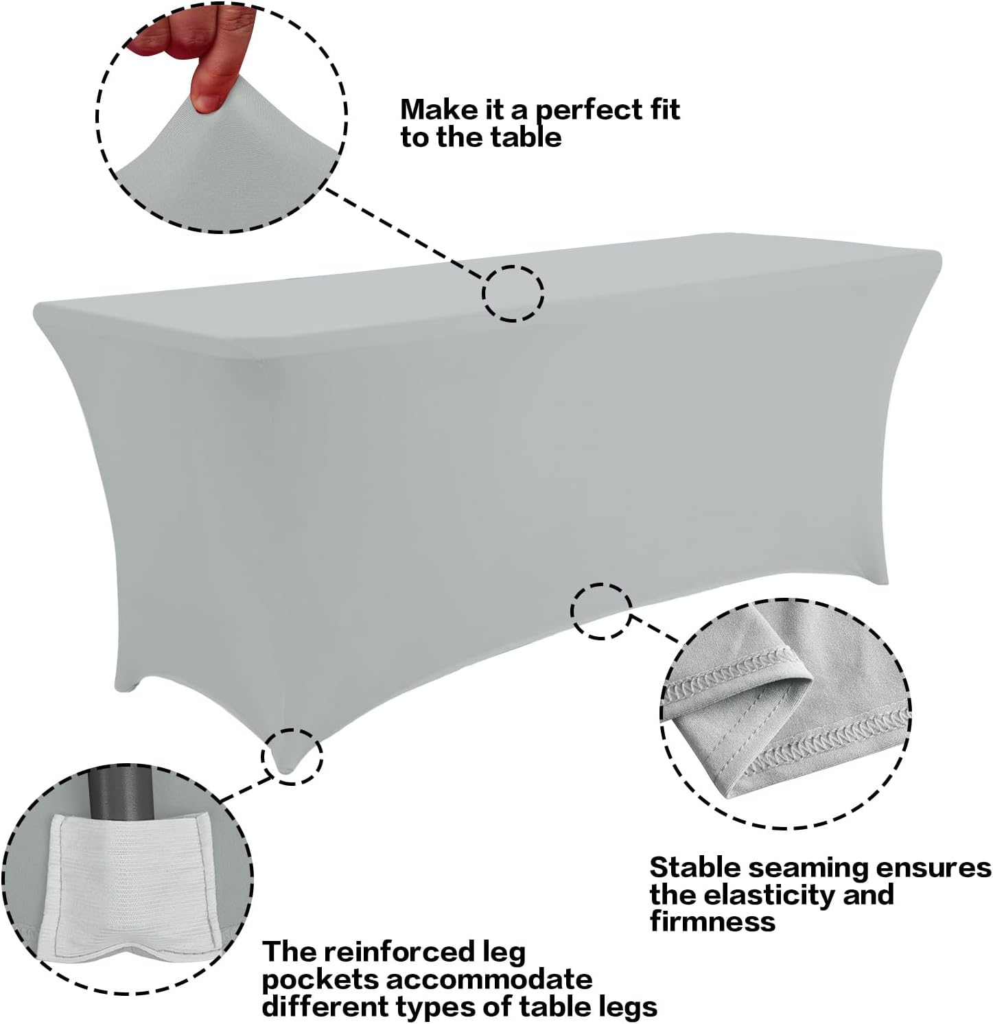 IVAPUPU 2 Pack 4FT Table Cloth for Rectangular Fitted Events Stretch Grey Table Covers Washable