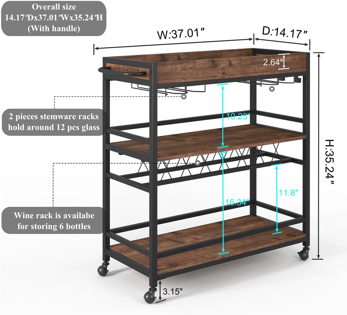 BON AUGURE Bar Cart for The Home, Rolling Home Bar Serving Cart on Wheels, 3 Tier Liquor Beverage