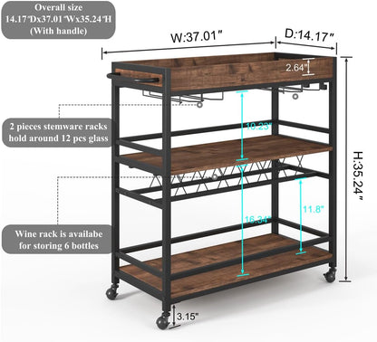 BON AUGURE Bar Cart for The Home, Rolling Home Bar Serving Cart on Wheels, 3 Tier Liquor Beverage