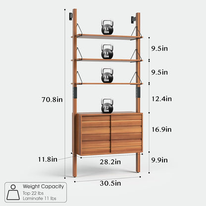 Ladder Bookshelf with Storage Cabinet, Mid Century Modern Wall Mounted Bookcase with Wood and Metal