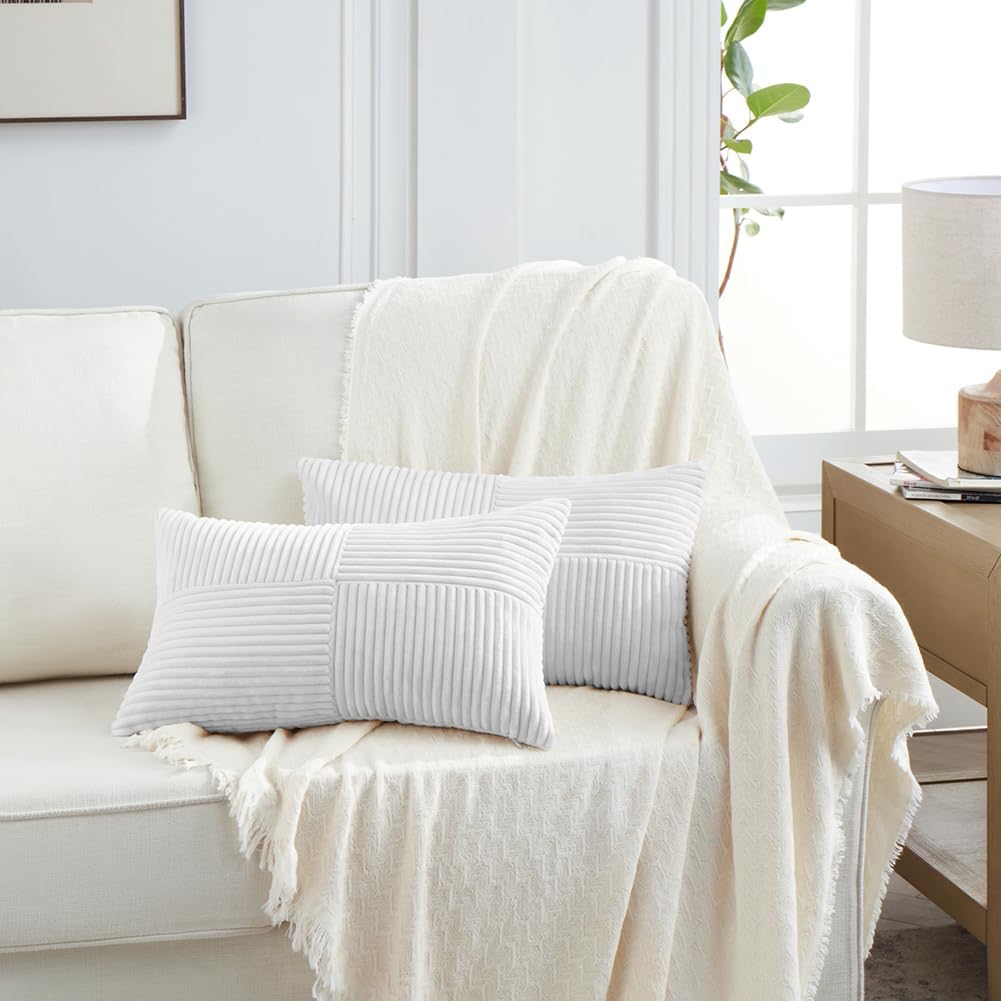 Fancy Homi 2 Packs White Lumbar Decorative Throw Pillow Covers 12x20 Inch for Living Room Couch Bed