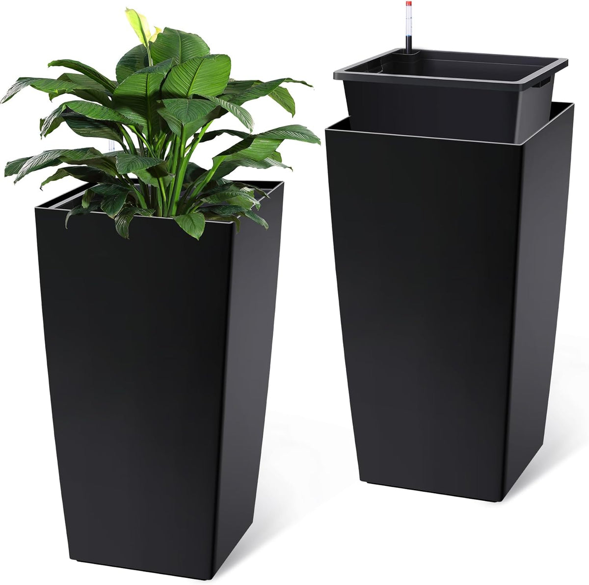 30" Tall Planters Set of 2, Outdoor＆Indoor Black Planter Pots, High Front Porch Planter Pots with