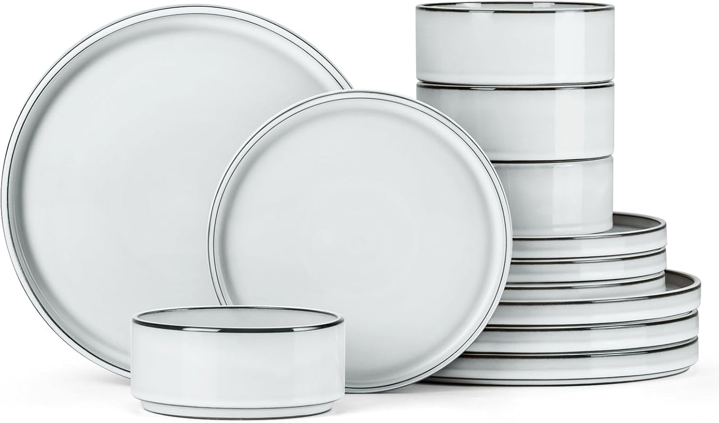 Onader Stoneware Dinnerware Sets, 12 Piece Plates and Bowls Dish Sets for 4, Ceramic Dishware