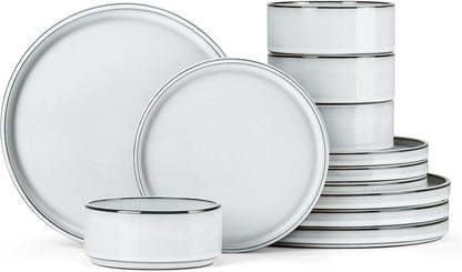 Onader Stoneware Dinnerware Sets, 12 Piece Plates and Bowls Dish Sets for 4, Ceramic Dishware