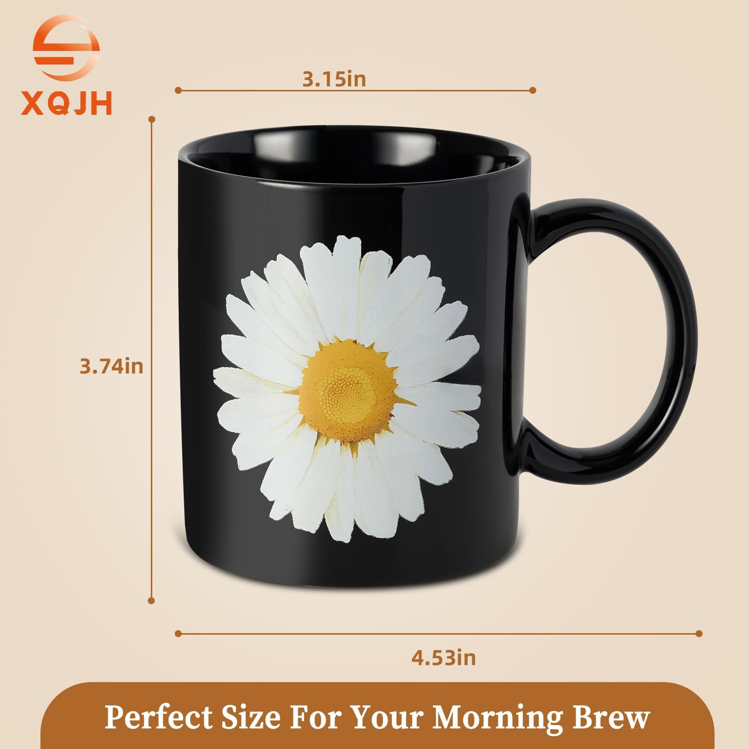12Oz Daisy Black Ceramic Mug, Mug for Daily Coffee and Tea, Lead-free, Microwave and Dishwasher
