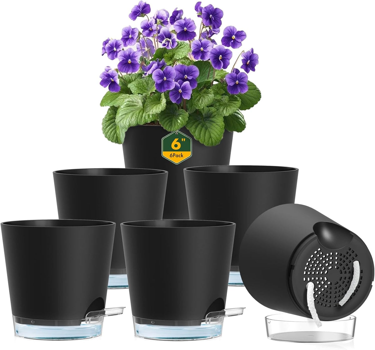 6 inch Self Watering Pots for Indoor Outdoor Plants, 6 Pack Flower Plant Pots with Drainage Holes