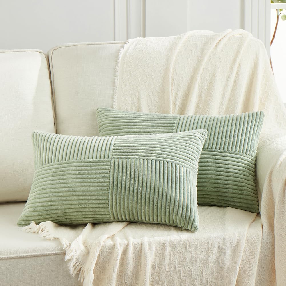 Fancy Homi 2 Packs Sage Green Lumbar Decorative Throw Pillow Covers 14x24 Inch for Couch Bed
