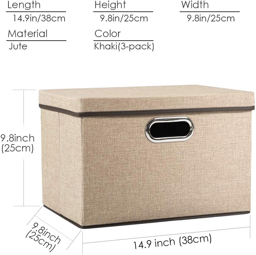 PRANDOM Collapsible Storage Cubes with Lids [3-Pack] Jute Fabric Foldable Storage Boxes Organizer