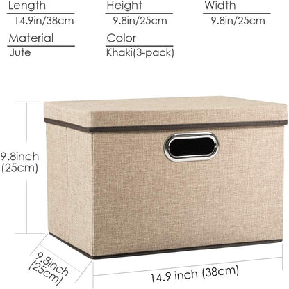 PRANDOM Collapsible Storage Cubes with Lids [3-Pack] Jute Fabric Foldable Storage Boxes Organizer