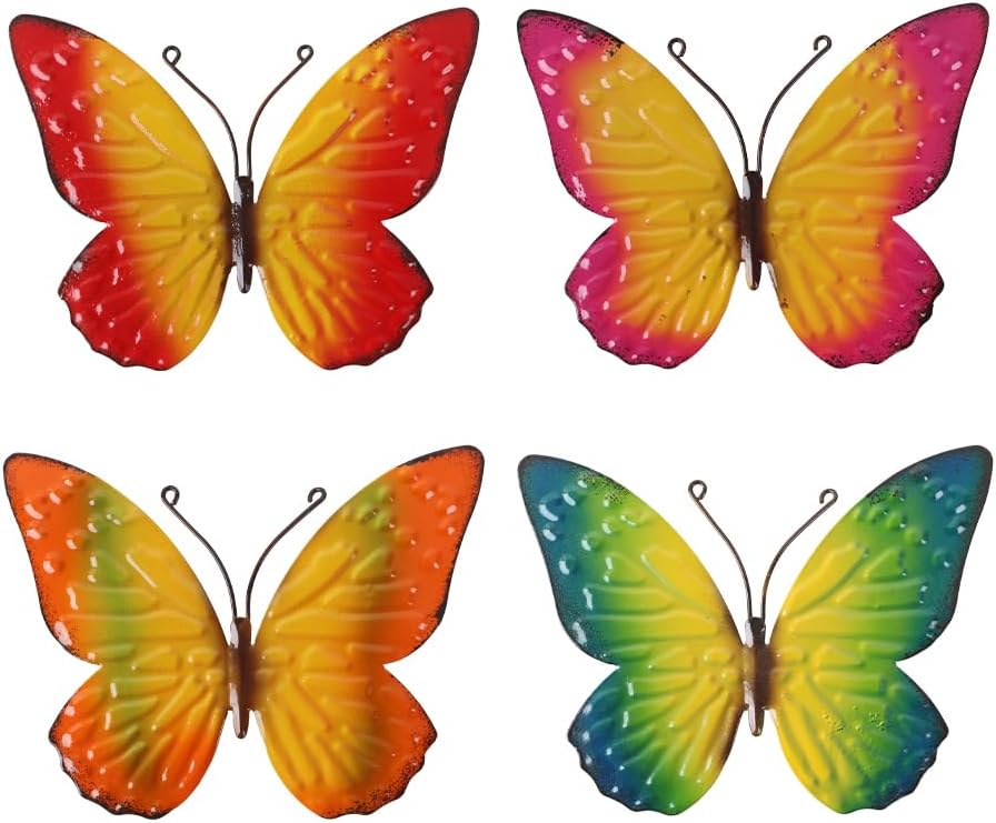Metal Butterfly Wall Decor Art, 4 Pack Colorful Metal Butterflies Outdoor Wall Art, Hand Painted