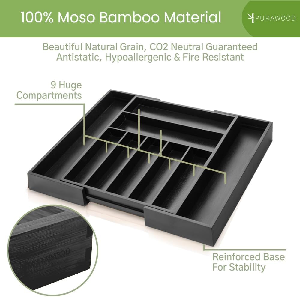 Purawood Bamboo Drawer Organizer - Expandable Silverware Organizer & Utensil Organizer, Cutlery