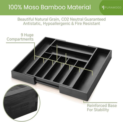 Purawood Bamboo Drawer Organizer - Expandable Silverware Organizer & Utensil Organizer, Cutlery