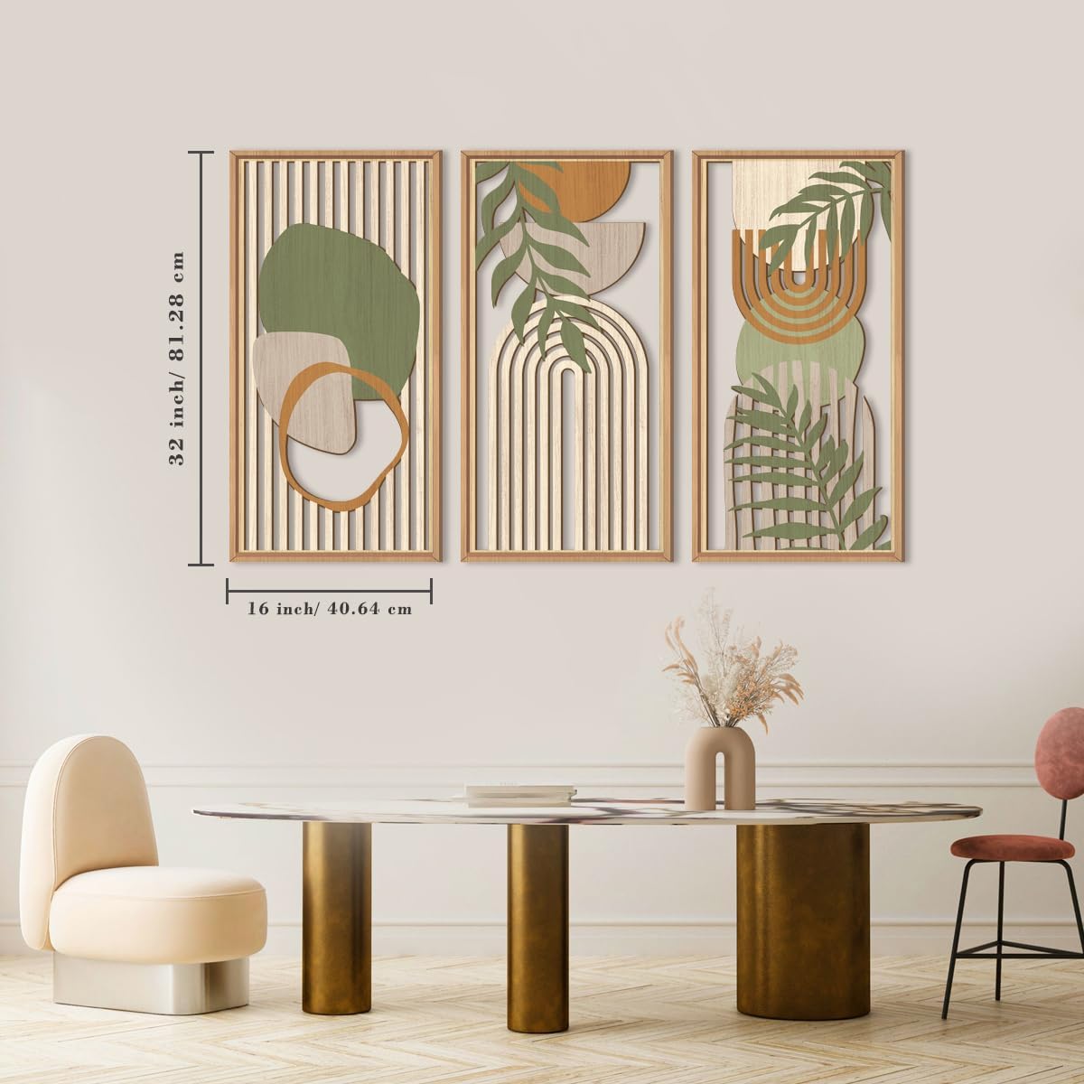 IARTTOP Large Boho Wood Wall Art Framed Mid-century Modern Wooden Wall Decor Set of 3 Green