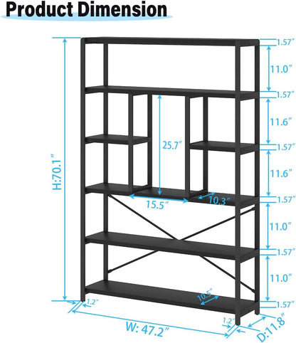 LVB 6 Tier Tall Black Bookshelf, Modern Large Wide Book Rack Storage, Industrial Wood Metal Etagere