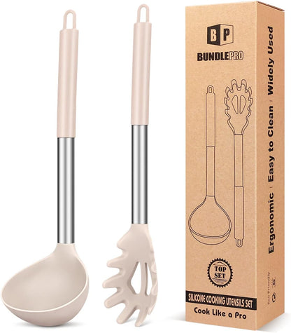 Silicone Pasta Fork and Ladle Spoon Set, Large Non Stick Kitchen Utensils for