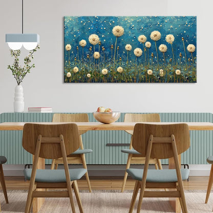 LASMOND Teal Dandelion Wall Art for Living Room Abstract Blowball Canvas Painting Prints Large