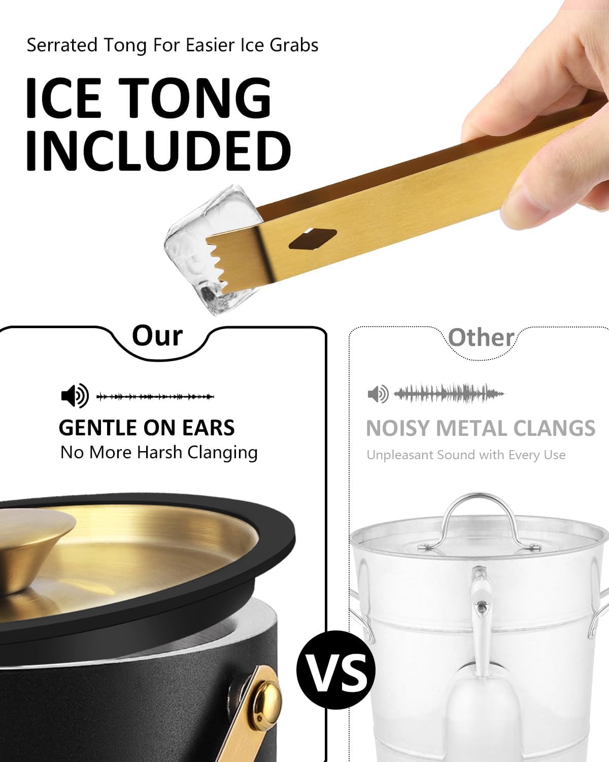 3L Ice Bucket with Silicone Lid, Scoop, Gold Tongs & Strainer, Stainless Steel Double Wall