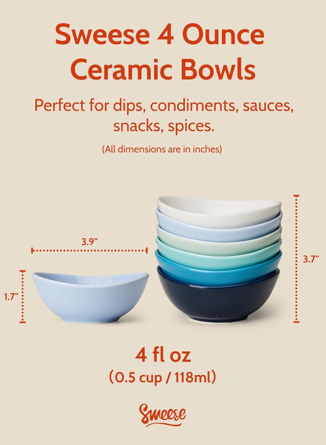 Sweese Porcelain Small Bowls 4 oz Set of 6 - Assorted Colors for Dipping, Snack, Sauce, Side Dishes