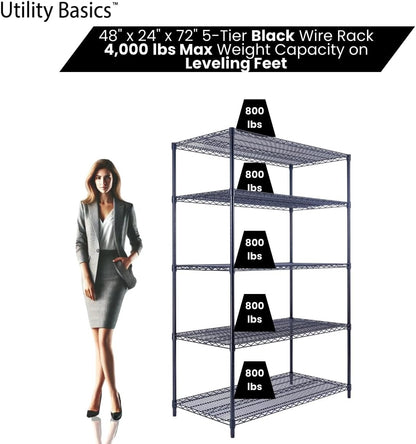 48"x24"x72" Black 5-Tier Premium Wire Shelving NSF 4000 LBS MAX Capacity Heavy Duty Steel Storage