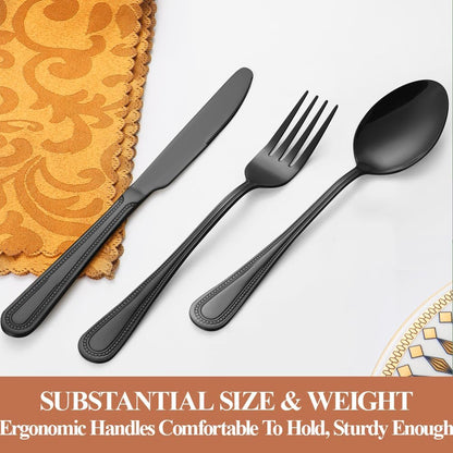 20 Pcs Black Silverware Set for 4 with Pearled Edge Handle design, Food Grade Stainless Steel