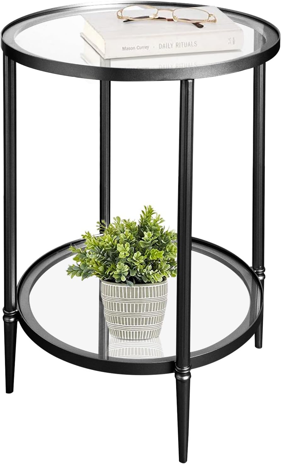 2 Tier Round Side Table, Black End Table with Glass Top, Modern Metal Clear Coffee Table，Small