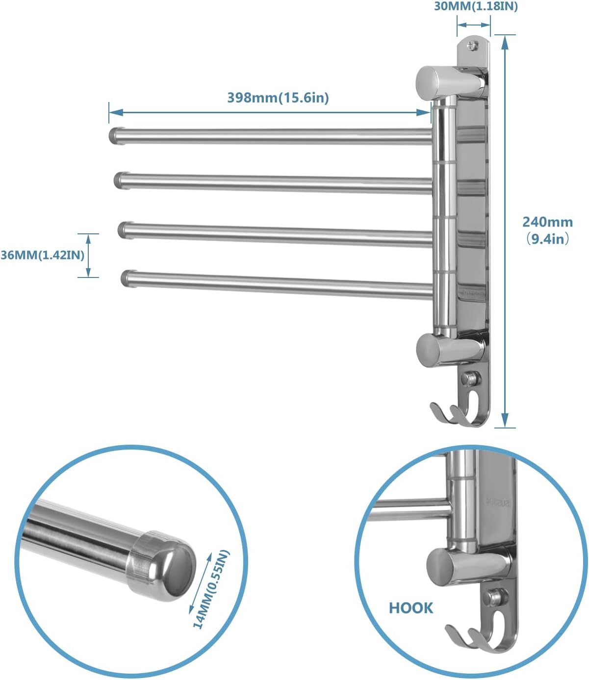 Bathroom Towel Rack JSVER Swivel 4 Arms Extended Towel Holder, SUS304 Stainless Steel Space Saving