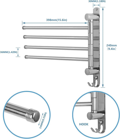 Bathroom Towel Rack JSVER Swivel 4 Arms Extended Towel Holder, SUS304 Stainless Steel Space Saving
