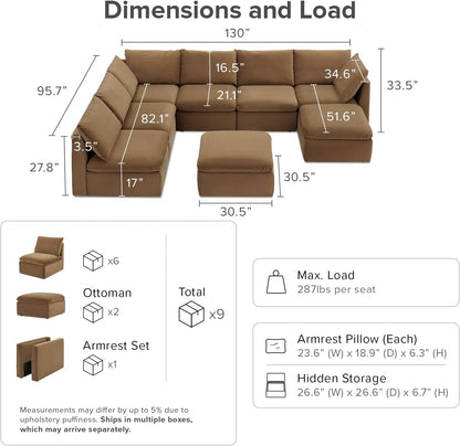 mopio Oversized Modular Sectional Sofa with Fully Removable Covers and Storage, Convertible U