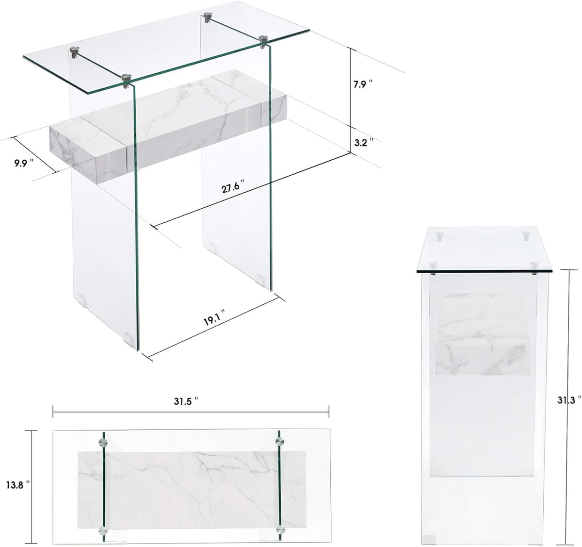 ivinta Glass Console Table with Storage, 31.5'' Modern Narrow Sofa Table with Storage Shelves for