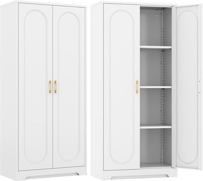 Kitchen Pantry Cabinet,60”Metal White Storage Cabinets with Doors and Shelves,Tall Cabinet with 2