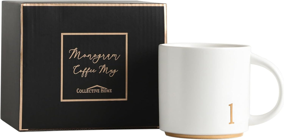 COLLECTIVE HOME - Monogram Ceramic Mugs, 15 oz Golden Initial Coffee Cups, Elegant Alphabet Tea