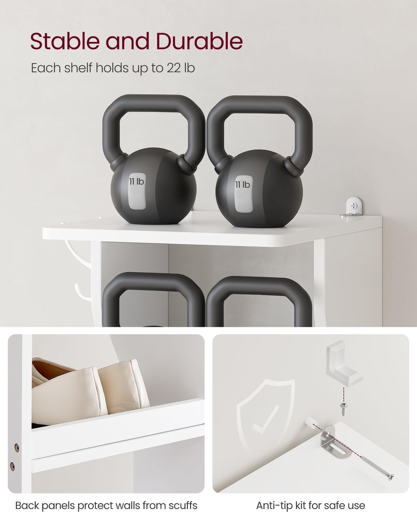 VASAGLE 7-Tier Vertical Shoe Rack, Narrow Shoe Storage Organizer with Hooks, Slim Corner Tower