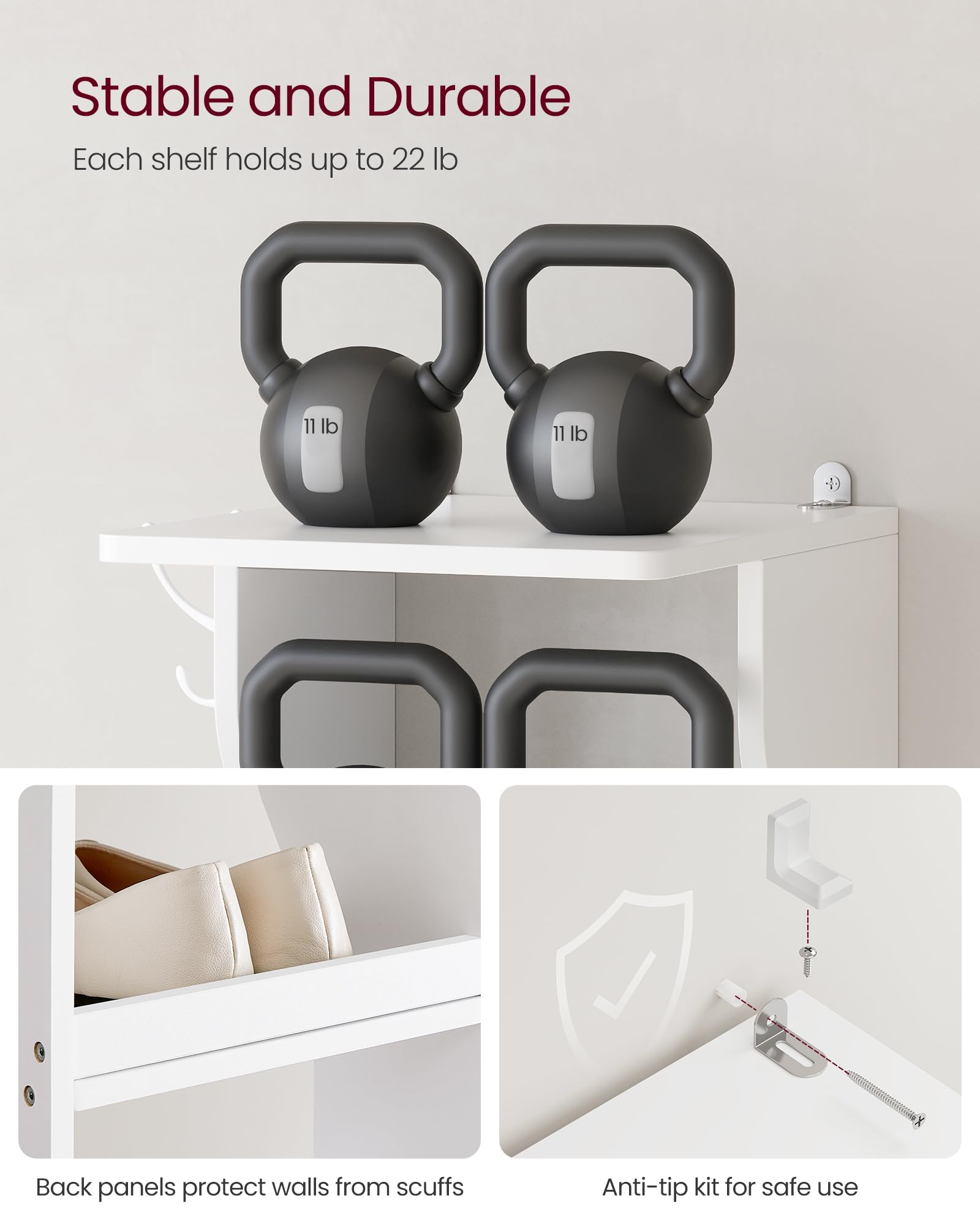 VASAGLE 7-Tier Vertical Shoe Rack, Narrow Shoe Storage Organizer with Hooks, Slim Corner Tower