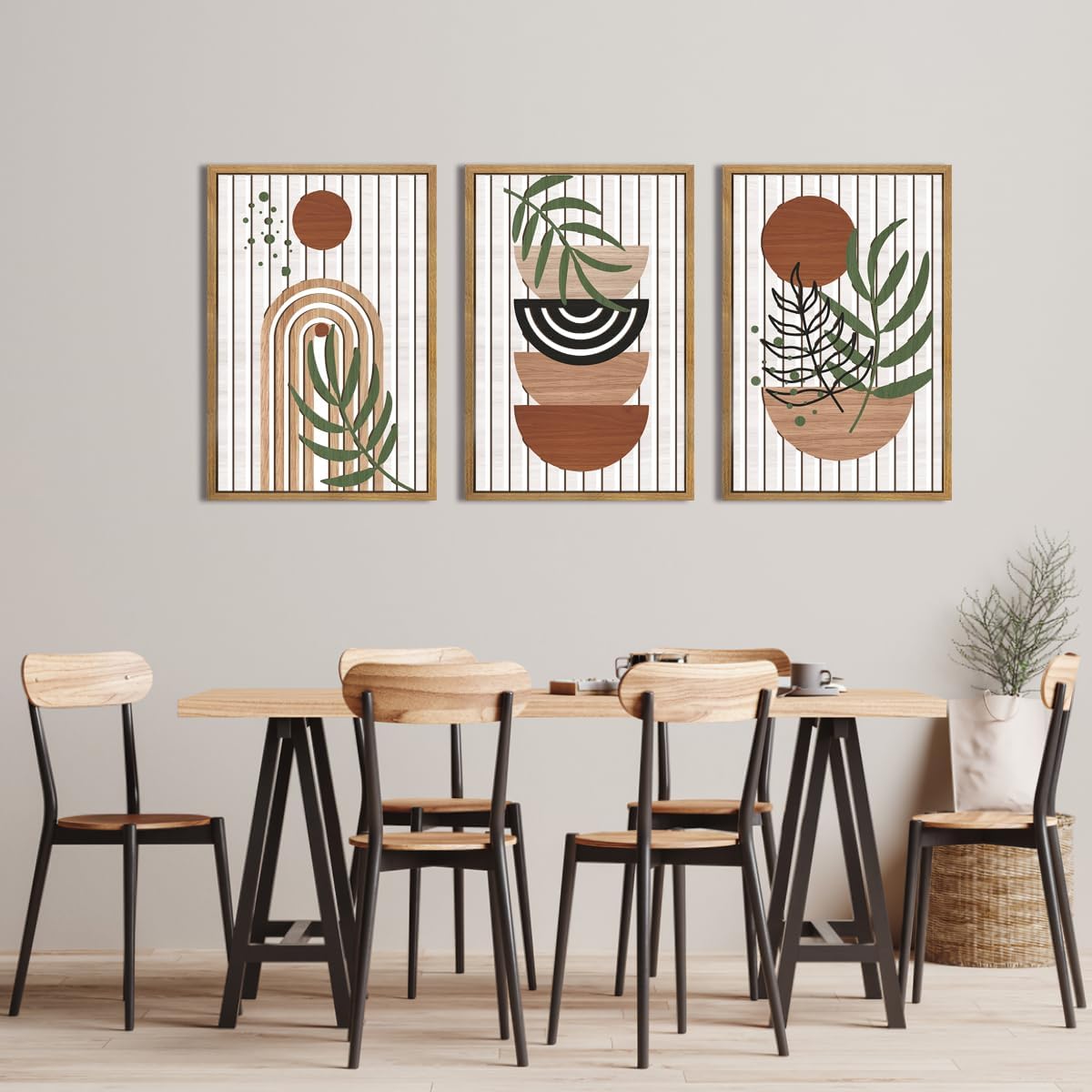 Large Boho Mid Century Wood Wall Art Set Modern Bohemian Wooden Wall Decor Minimalist Leaf Art