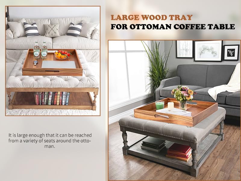 Extra Large Square Wood Tray, Generously 22" Acacia Serving Trays for Large Ottoman Coffee Table