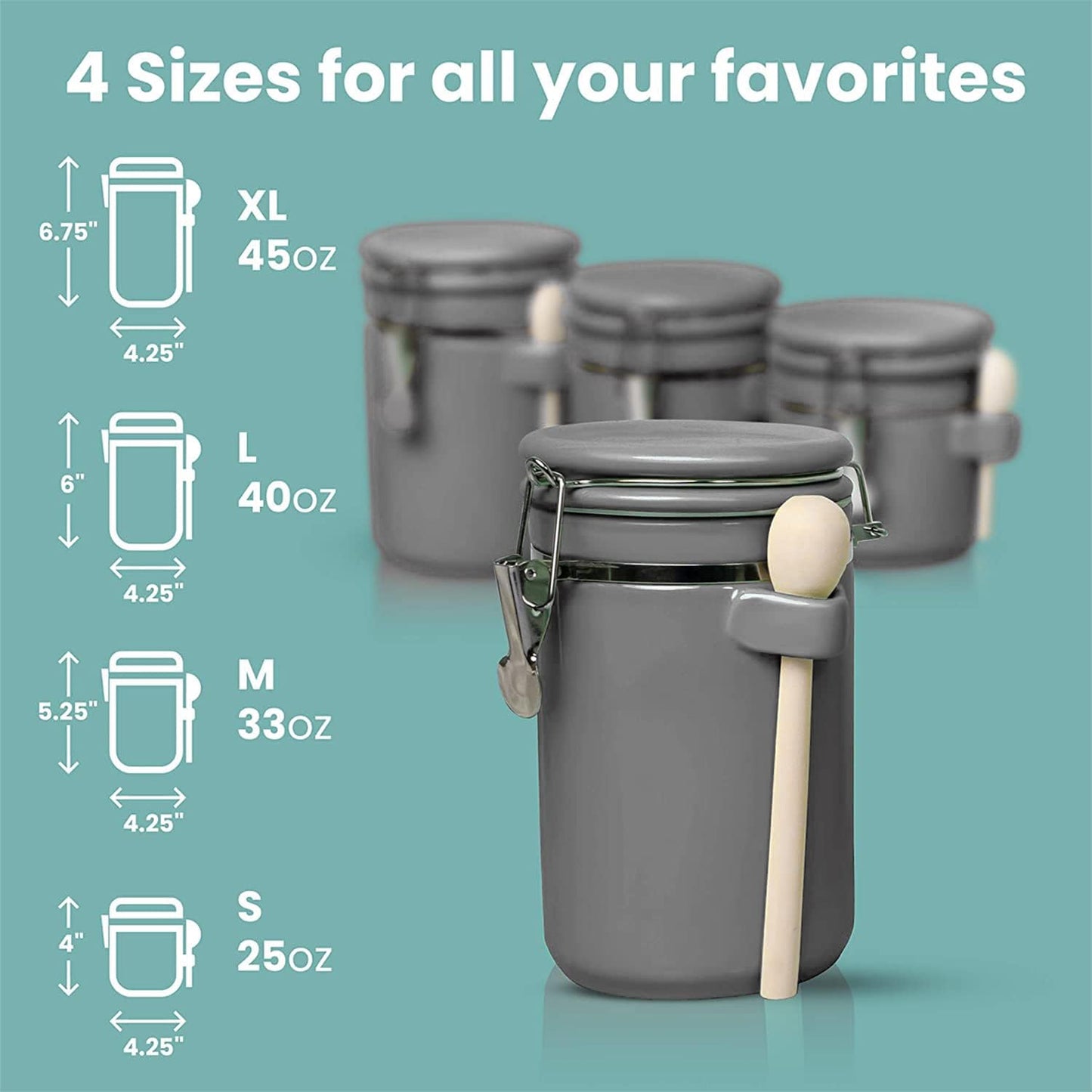 Home Intuition 4-Piece Ceramic Kitchen Canisters Set, Airtight Containers with Wooden Spoons