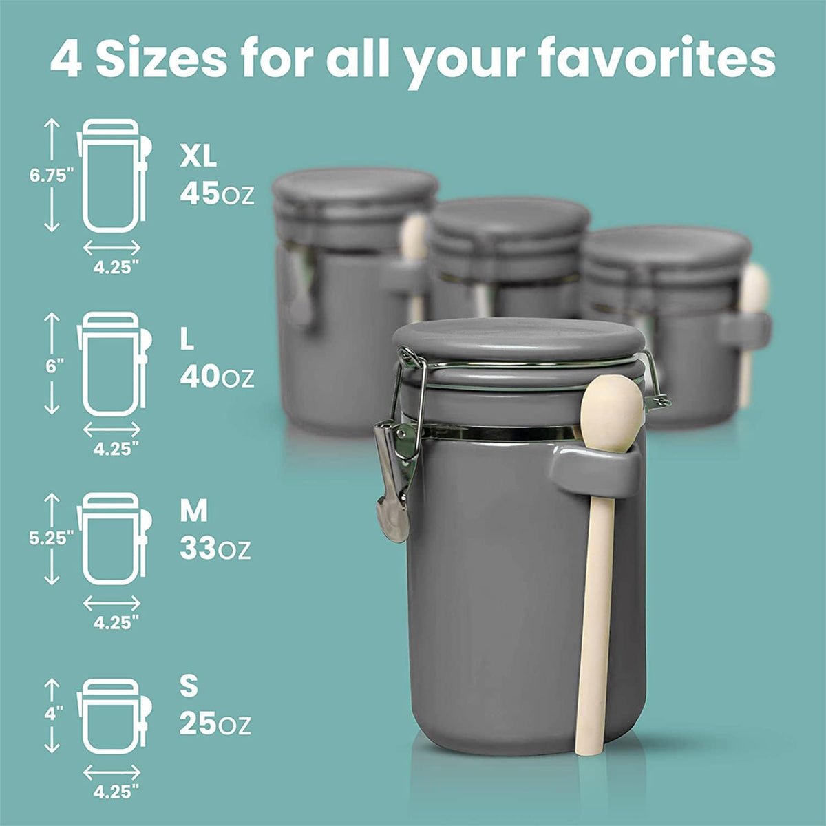 Home Intuition 4-Piece Ceramic Kitchen Canisters Set, Airtight Containers with Wooden Spoons