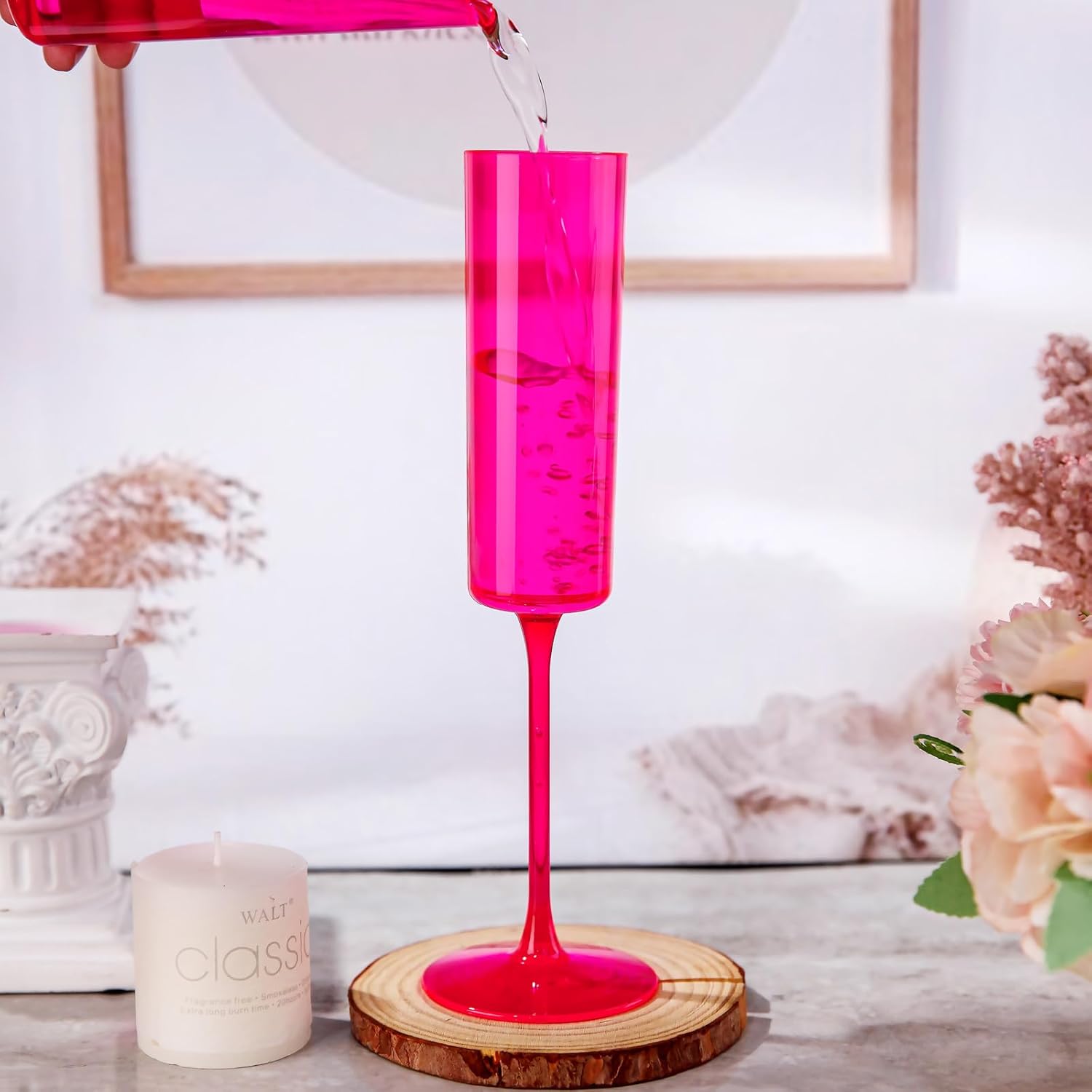 Ciaell 24 Pack Plastic Champagne Flutes - Hot Pink 6 Oz Disposable Champagne Glasses - Square
