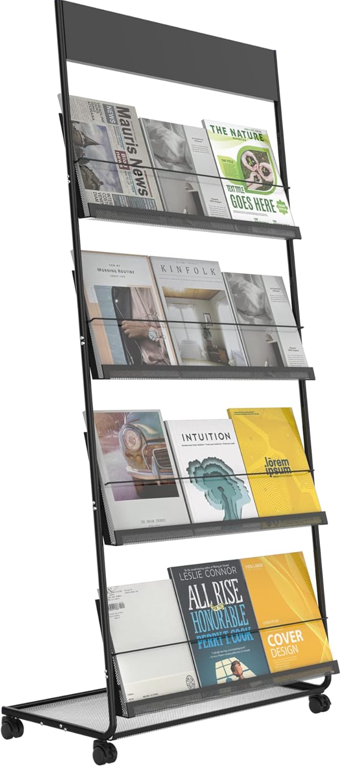 TONGMO Magazine Rack: Floor-Standing 4-Layer with Wheels, Brochure Display Stand, High-hardness