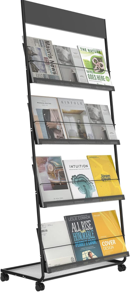 TONGMO Magazine Rack: Floor-Standing 4-Layer with Wheels, Brochure Display Stand, High-hardness