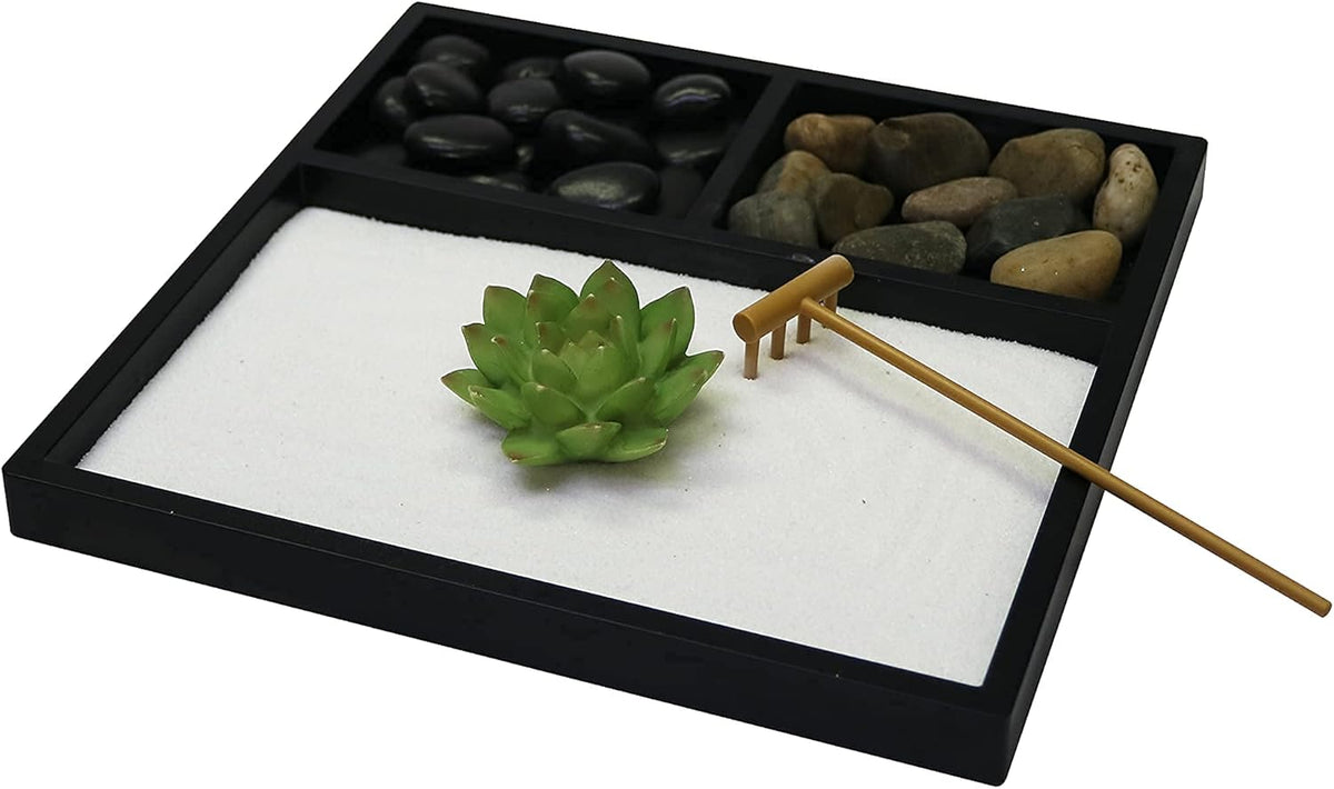 Nature's Mark Mini Zen Garden Kit for Desk with Rake, White Sand, Lotus Figure, 3 Sections Black