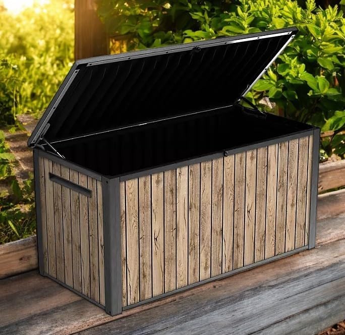 Outdoor Storage Box, Wood-Look Resin Deck Container, Indoor/Outdoor Storage, Ash Wood Brown (170