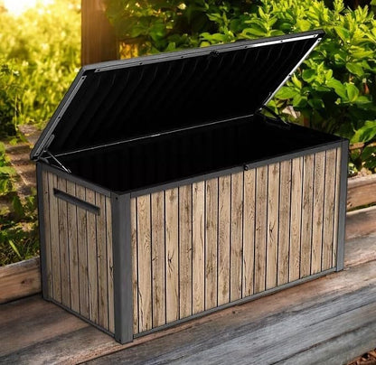 Outdoor Storage Box, Wood-Look Resin Deck Container, Indoor/Outdoor Storage, Ash Wood Brown (170