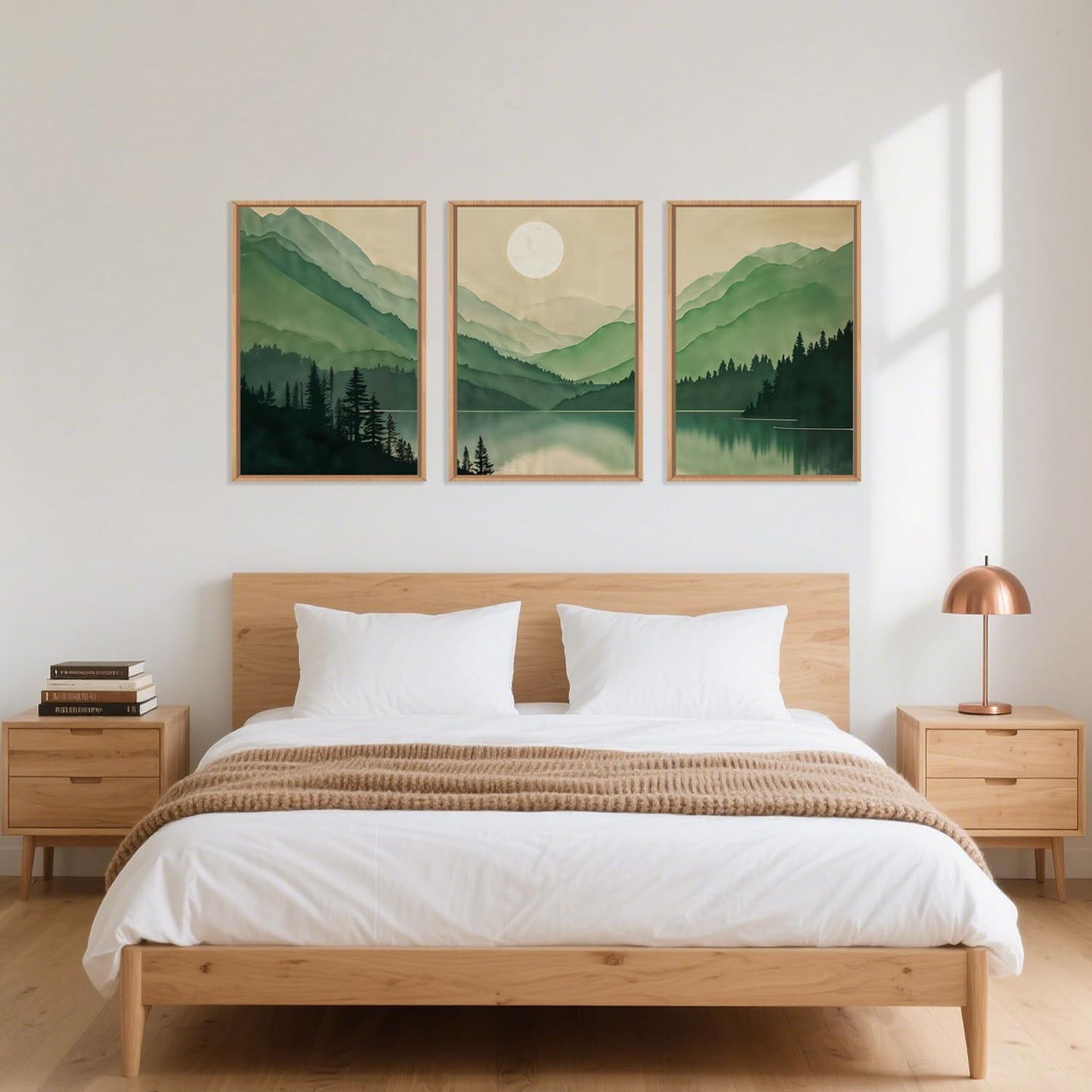 Celestdeco Watercolor Mountains Framed Canvas Wall Art Set, Boho Sun Forests Wall Decor, Green