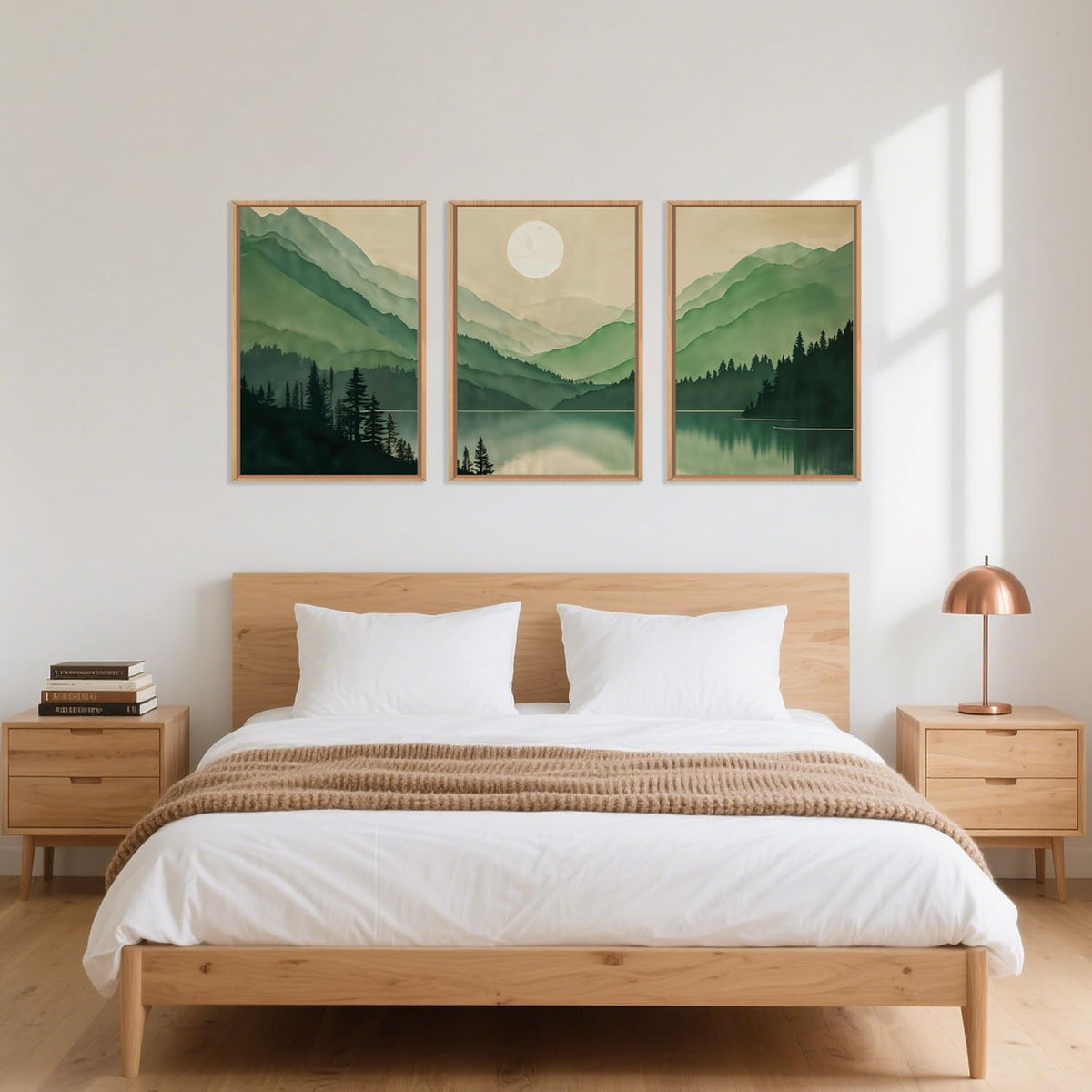 Celestdeco Watercolor Mountains Framed Canvas Wall Art Set, Boho Sun Forests Wall Decor, Green
