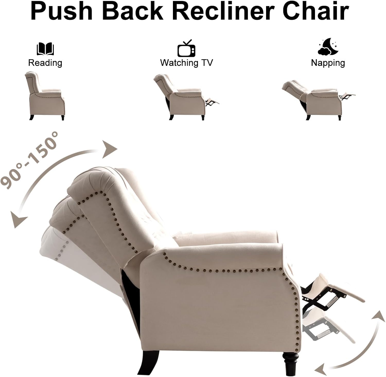 EBELLO Pushback Recliner Chair, Fabric Armchair Push Back Recliner with Rivet Decoration, Mid