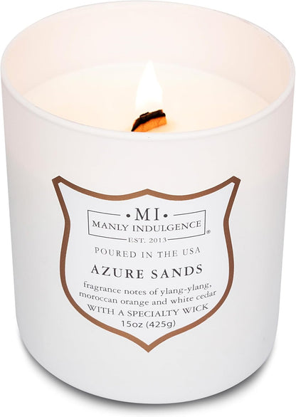 Manly Indulgence Azure Sands Scented Candles for Men, 15 oz Wooden Wick, Premium Soy Blend Wax, 60H