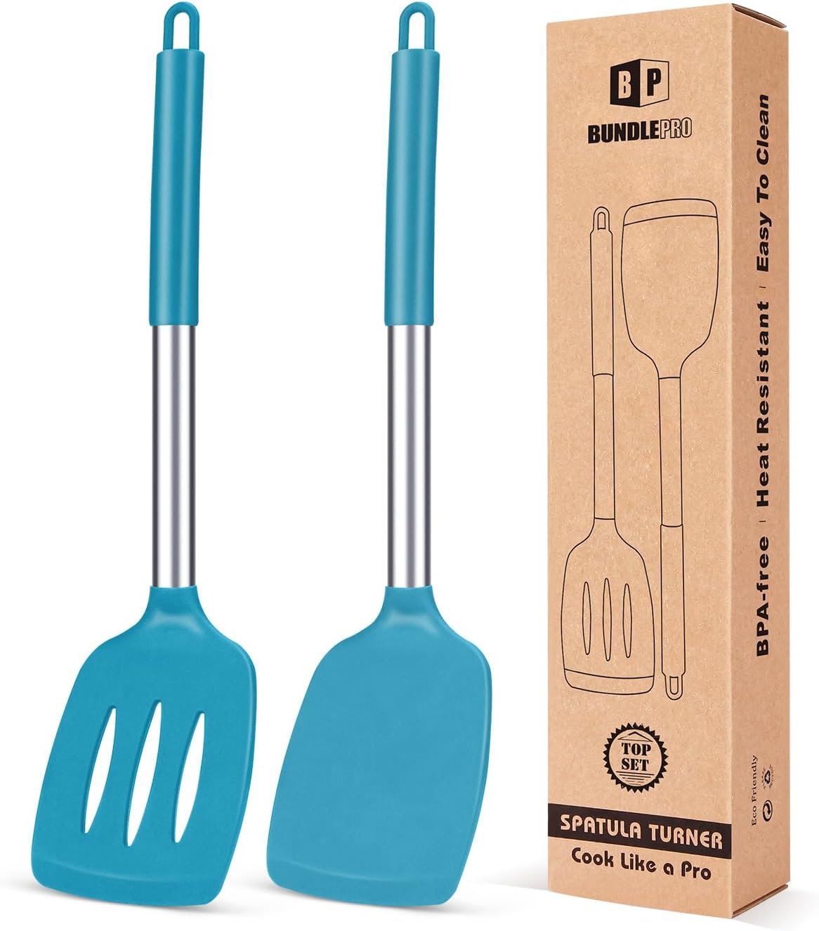 Pack of 2 Silicone Solid Turner, Non Stick Slotted Kitchen Spatulas, High Heat Resistant BPA Free